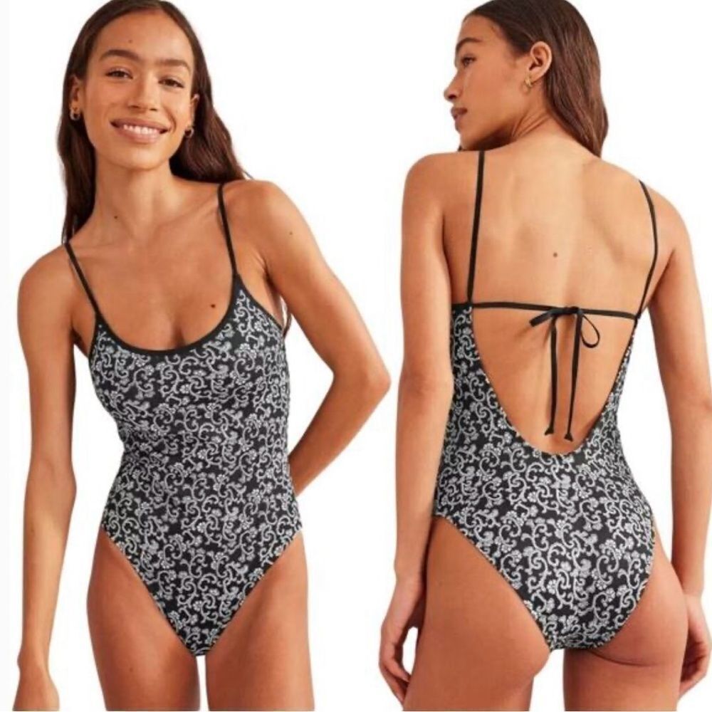Boden Black & White Patterned Scoop Neck Tie Back One Piece Swimsuit